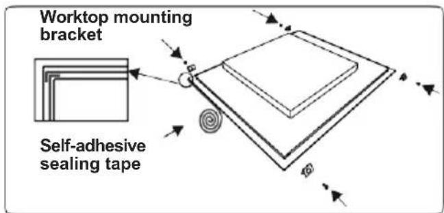 Worktop mounting bracket Self-adhesive sealing tape