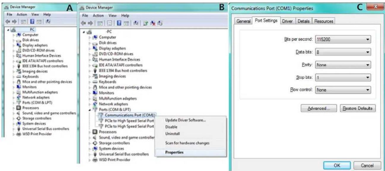Device Manager File Action View Help PC Computer Disk drives Display adapters DVD/CD-ROM drives Human Interface Devices IDE ATA/ATAPI controllers IEEE 1394 Bus host controllers Imaging devices Keyboards Mice and other pointing devices Monitors Multifunction adapters Network adapters Ports (COM & LPT) Processors Sound, video and game controllers Storage controllers System devices Universal Serial Bus controllers WSD Print Provider Device Manager File Action View Help PC Computer Disk drives Display adapters DVD/CD-ROM drives Human Interface Devices IDE ATA/ATAPI controllers IEEE 1394 Bus host controllers Imaging devices Keyboards Mice and other pointing devices Monitors Multifunction adapters Network adapters Ports (COM & LPT) Communications Port (COM1) PCIe to High Speed Serial Port PCIe to High Speed Serial Port Processors Sound, video and game controller Storage controllers System devices Universal Serial Bus controllers WSD Print Provider Update Driver Software... Disable Uninstall Scan for hardware changes Properties Communications Port (COM1) Properties General Port Settings Driver Details Resources Bits per second: 115200 Data bits: 8 Parity: None Stop bits: 1 Flow control: None Advanced... Restore Defaults OK Cancel