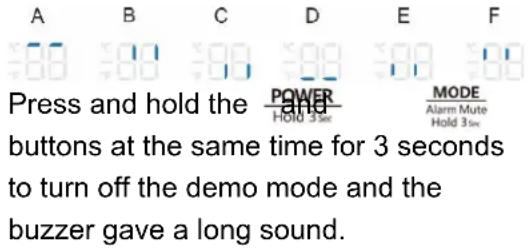 Press and hold the POWER MODE and Hold 3sec Alarm Mute Button at the same time for 3 seconds to turn off the demo mode and the buzzer gave a long sound.