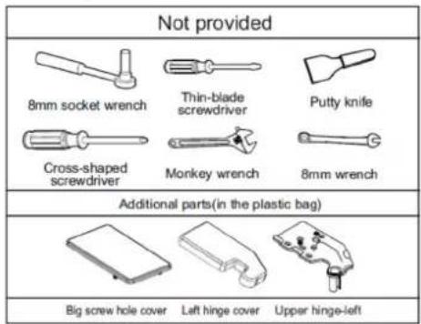 Not provided 8mm socket wrench Thin-blade screwdriver Putty knife Cross-shaped screwdriver Monkey wrench 8mm wrench Additional parts(in the plastic bag) Big screw hole cover Left hinge cover Upper hinge-left