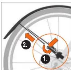 Diagram showing a bicycle wheel with labeled parts and directional arrows indicating motion or positioning.