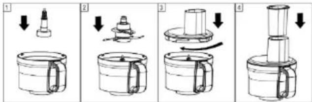 Diagram illustrating four steps of a mechanical device with labeled arrows indicating process flow.