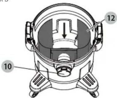 Technical diagram of a vacuum cleaner with labeled parts 10 and 12, showing internal structure and airflow direction.