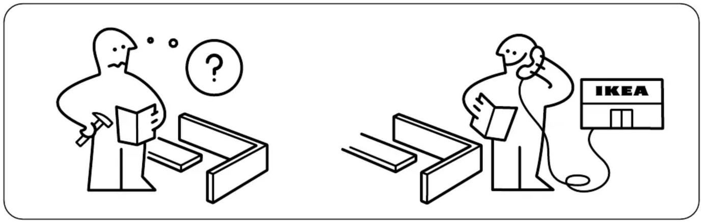 Illustration showing two scenes: one with a person examining documents and a question mark, the other with a person holding a phone and a IKEA store.