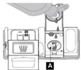 Diagram showing a hand cleaning a refrigerator with labeled parts and a magnified view of the interior.