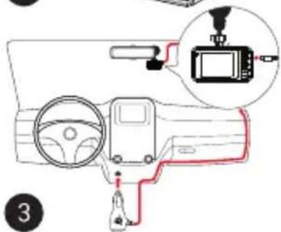Diagram showing car dashboard and camera setup with labeled parts and a magnified inset of the camera module