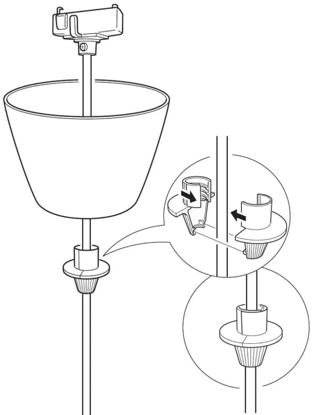 Technical diagram showing a funnel assembly with labeled parts and directional arrows indicating process steps.