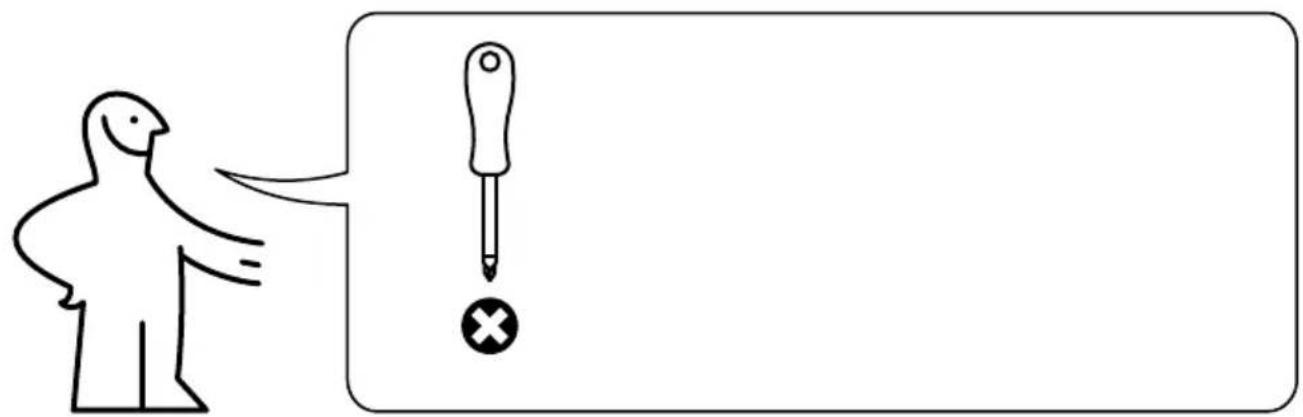 Diagram showing a person pointing at a screwdriver with an exclamation mark, likely illustrating a warning or error.