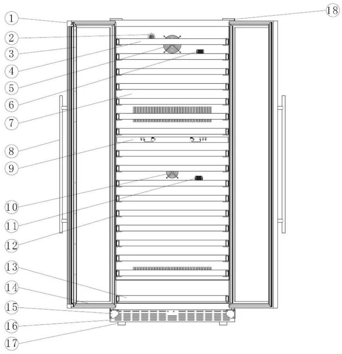 Technical diagram of a multi-chamber refrigerator with numbered labels pointing to each panel.