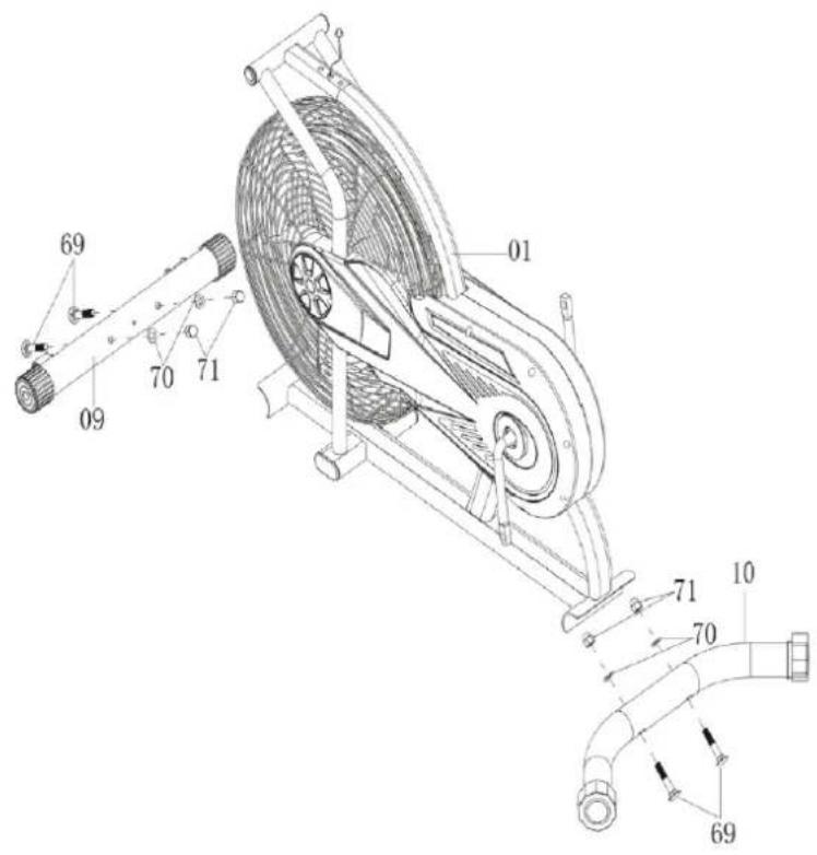 Technical diagram of a stationary exercise machine with labeled parts and numbered components
