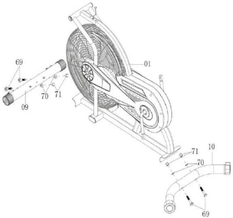 Technical diagram of a stationary exercise machine with labeled components and parts