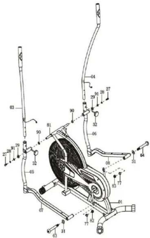 Technical diagram of an exercise machine with numbered components and labeled parts