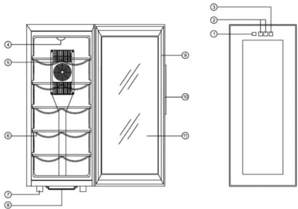 Technical diagram of a refrigerator with numbered components and wiring connections