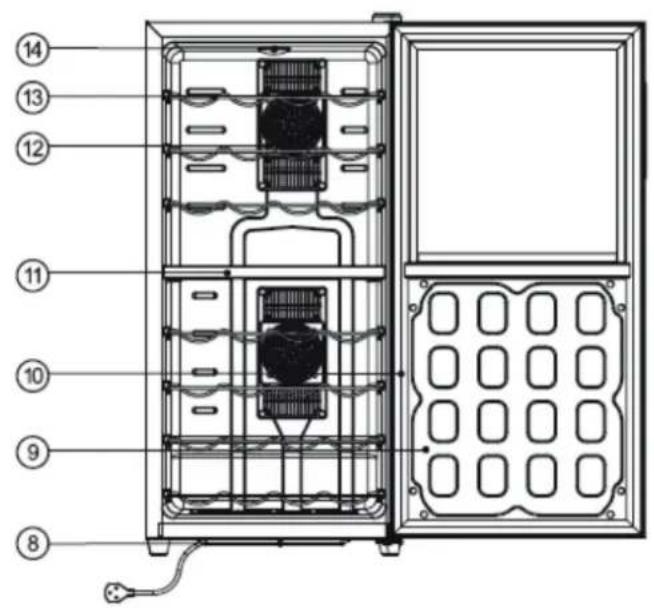 Technical diagram of a multi-chamber refrigerator with numbered components for identification