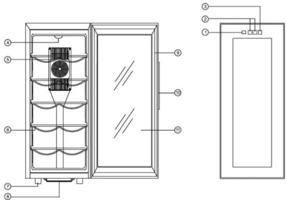 Technical diagram of a refrigerator with numbered components and wiring connections