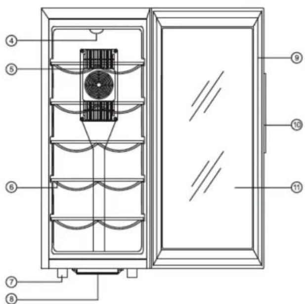 Technical diagram of a refrigerator with numbered components for identification