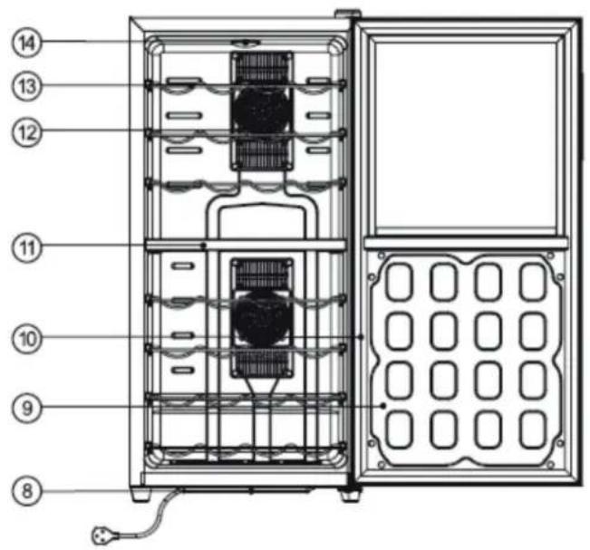 Technical diagram of a refrigerator internal structure with numbered components for identification