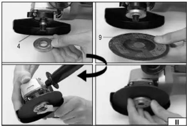 Technical procedure images showing steps to adjust a mechanical component, with numbered annotations and directional arrows indicating rotation.