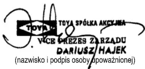 TOYA SPÓŁKA AKCYJNA VICE PREZES ZARZADU DARIUSZ HAJEK (nazwisko i podpis osoby upoważnionej)