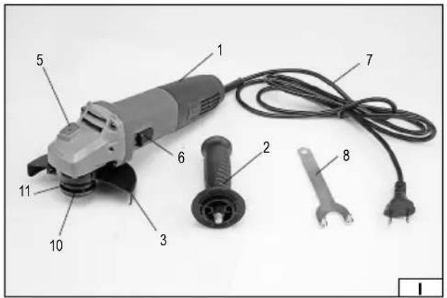 Labeled diagram of a power tool with numbered parts including motor, screw, wrench, and power plug