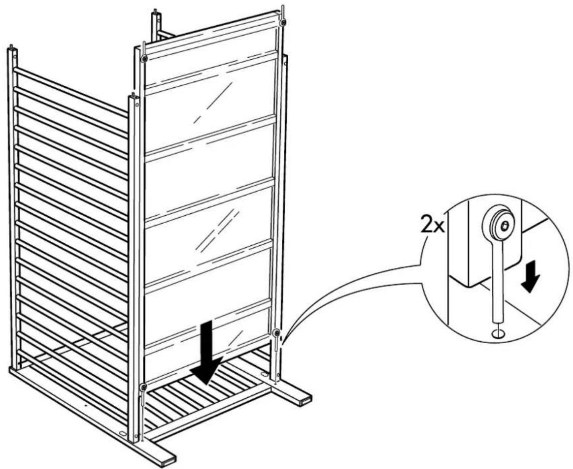 Technical diagram showing a metal rack structure with a 2x magnified inset highlighting a mechanical component with angular displacement.