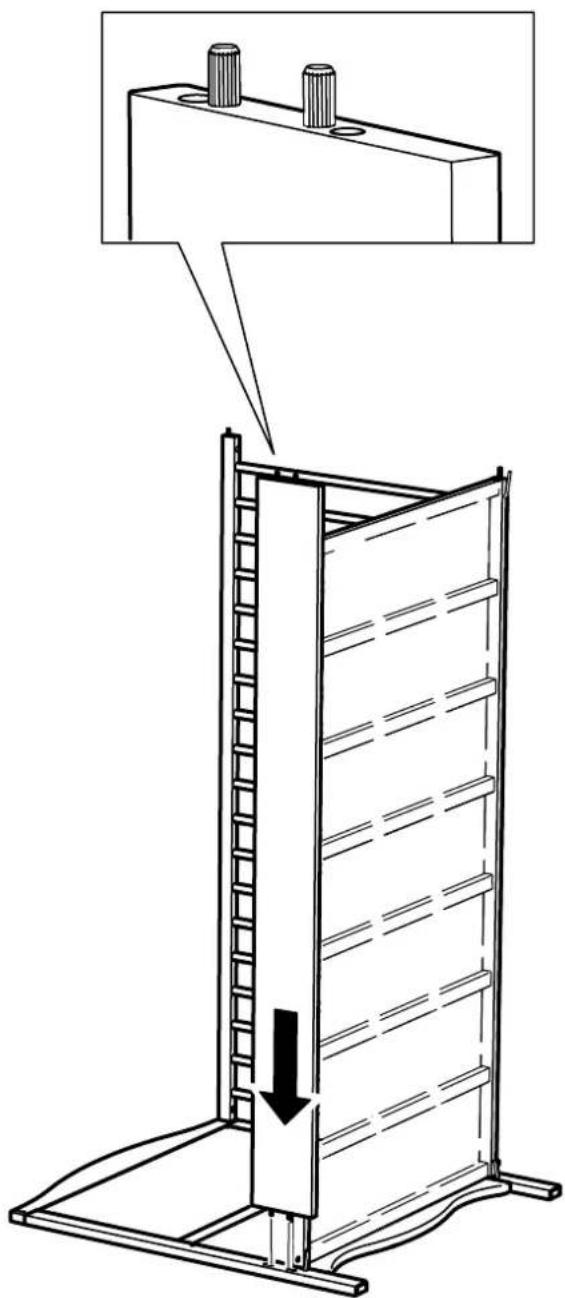 Technical line drawing of a vertical metal frame structure with a downward arrow indicating compression or disassembly (no text or symbols present)