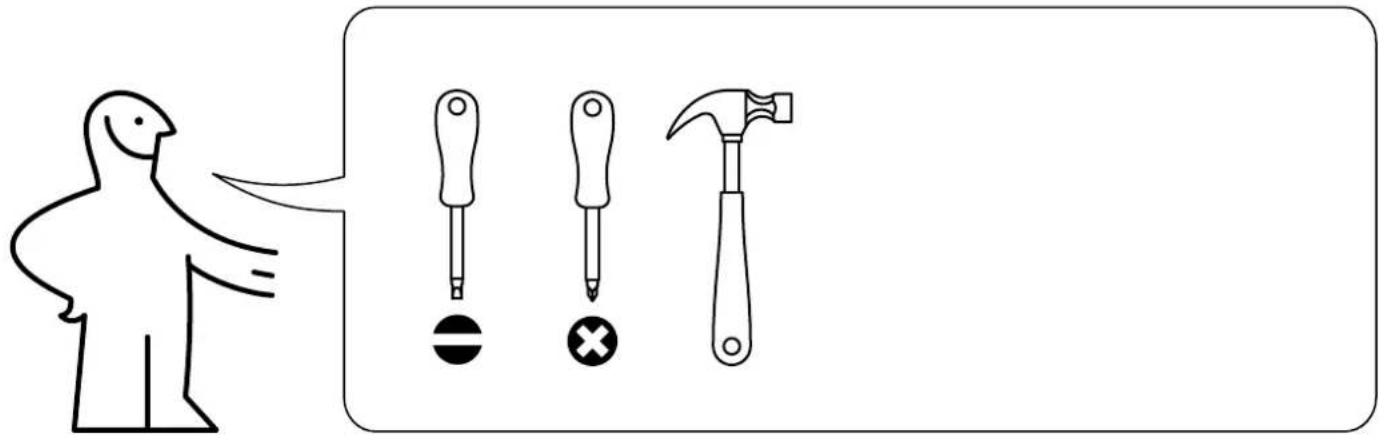 Illustration showing a person pointing to three different tools: screwdriver, hammer, and cross, with corresponding icons below.