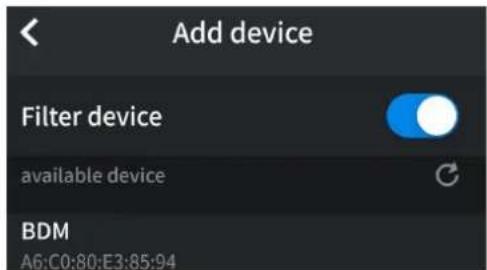 Add device Filter device available device BDM A6:C0:80:E3:85:94