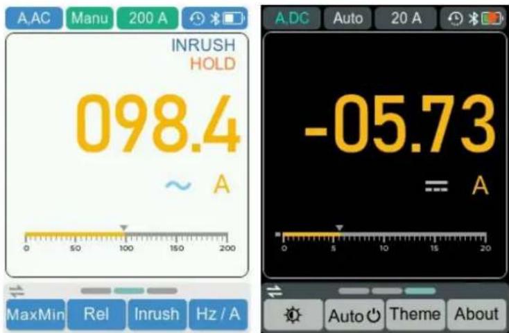 A,AC Manu 200 A INRUSH HOLD 098.4 ~ A 0 50 100 150 200 MaxMin Rel Inrush Hz / A -05.73 = A Auto Theme About