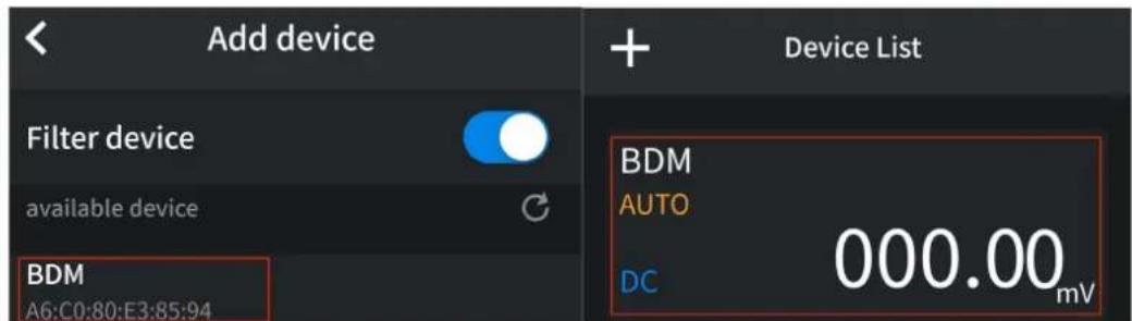Add device Filter device available device BDM A6:C0:80:E3:85:94 Device List BDM AUTO DC 000.00 mV