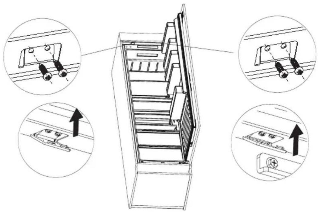 Technical diagram showing staircase interior with four circular insets illustrating different mechanical components and directional arrows.