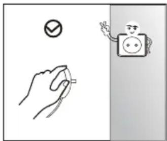 Diagram showing hand holding a plug and checkmark next to a cartoon-style device with a smiley face, alongside a checkmark symbol.