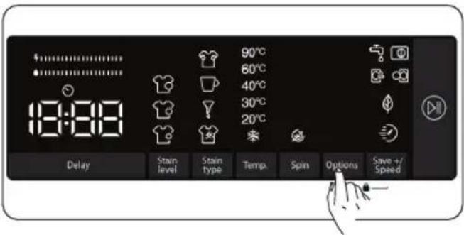 90°C 60°C 40°C 30°C 20°C Delay Stain level Stain type Temp. Spin Options Save +/Speed