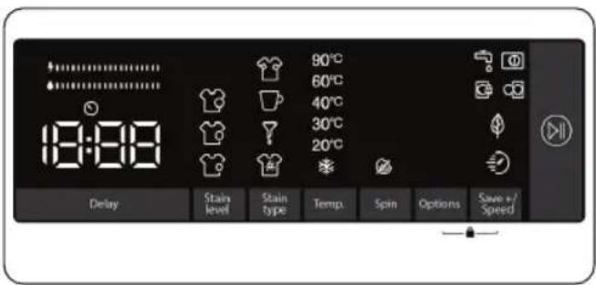 18:00 90°C 60°C 40°C 30°C 20°C Delay Stain level Stain type Temp. Spin Options Save +/Speed