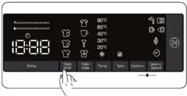 90°C 60°C 40°C 30°C 20°C Delay Stain level Stain type Temp. Spin Options Save +/- Speed