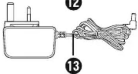 Diagram showing a connected power adapter with cable and plug, labeled with parts 12 and 13