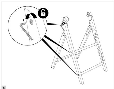 Diagram showing a folding chair with lock mechanism and labeled parts, including a magnified inset of the handle.