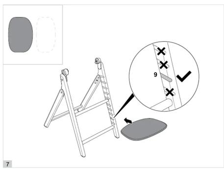 Diagram showing folding chair setup with a magnified detail of a checkmark and number 9, alongside a small inset image of a folded panel.
