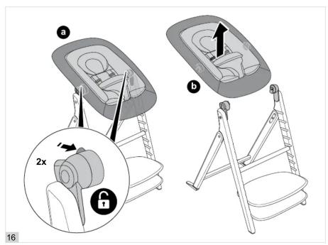 Diagram illustrating two steps of a car seat lift, showing step 3 and step 2 with instructions for lifting a lock and double x.