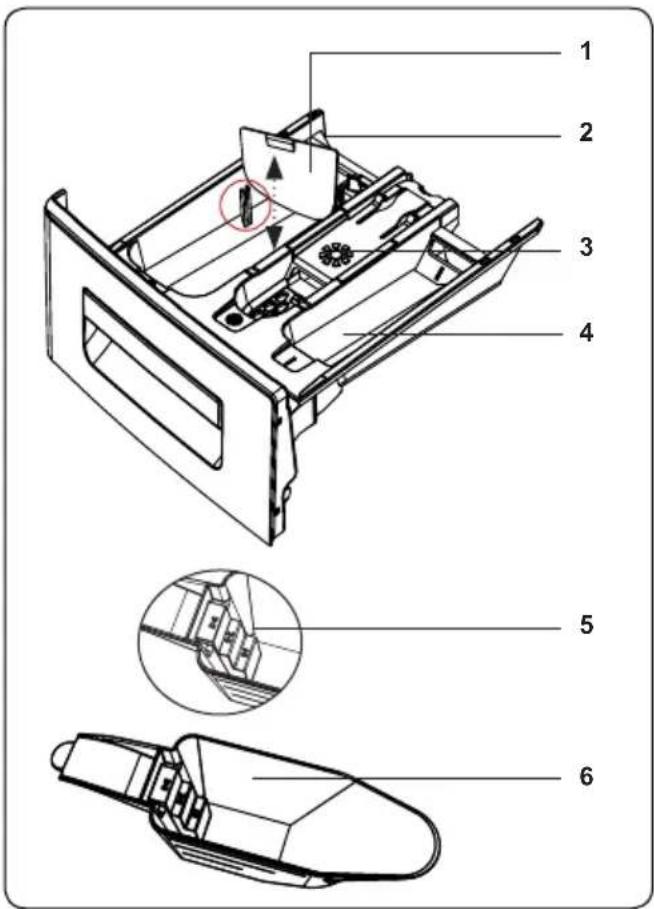 Technical diagram of a device's internal structure with numbered parts and exploded views