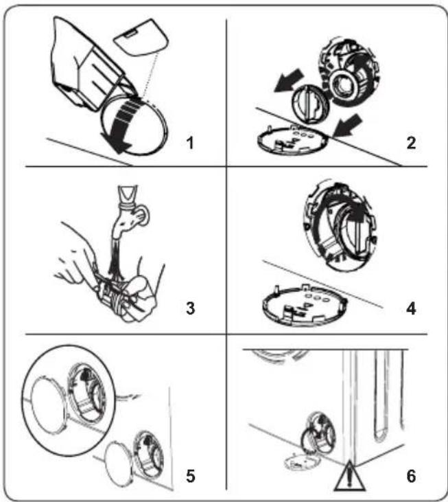 Technical diagram showing six steps of mechanical assembly or disassembly, labeled 1 to 6 with corresponding illustrations.