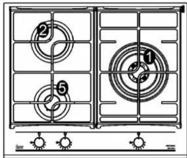 Diagram of a two-gas stove with numbered circular components and labeled terminals
