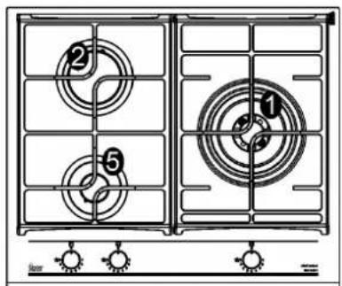 Diagram of a two-gas stove with numbered circular components and labeled switches below