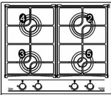Diagram of a four-gas stove with numbered circular vent slots and control knobs below