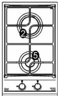 Diagram of a gas stove with numbered chambers and control knobs at the bottom