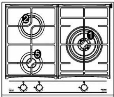 Diagram of a two-gas stove with numbered circular components and control knobs at the bottom