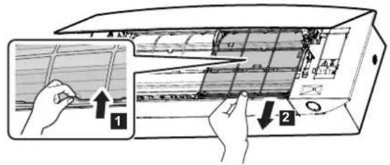Diagram showing hand positioning of an air conditioner unit with labeled parts and directional arrows indicating movement.