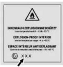 INNENRAUM EXPLOSIONSGESCHÜTZT Inner temperature range: -1.56 to +1.0 °C EXPLOSION-PROOF INTERIOR Inner temperature range: -1.4 to +1.0 °C ESPACE INTÉRIEUR ANTIDÉFLAGRANT Centre de température d'interieur: -1.4 to +1.0 °C