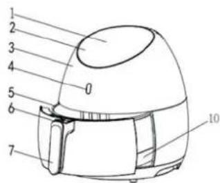 Labeled diagram of a food air fryer with numbered parts for identification