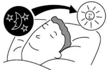 Illustration showing a person sleeping with moon and sun symbols, indicating sleep or sunlight interaction.